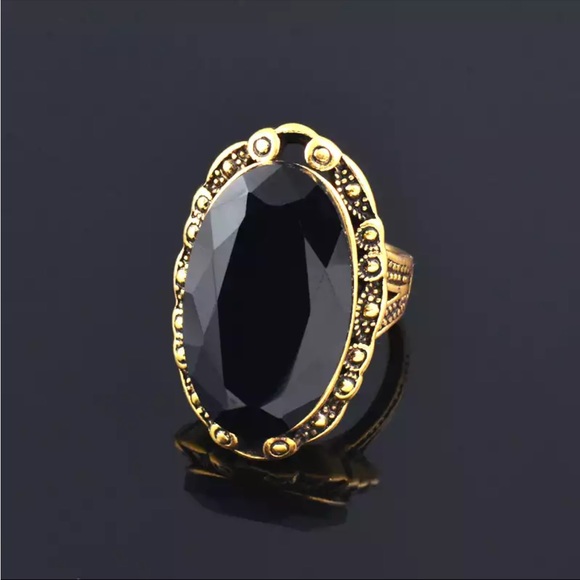 New Yellow Gold Plated Vintage Big Black Oval Stone For Women Ring - Picture 2 of 6